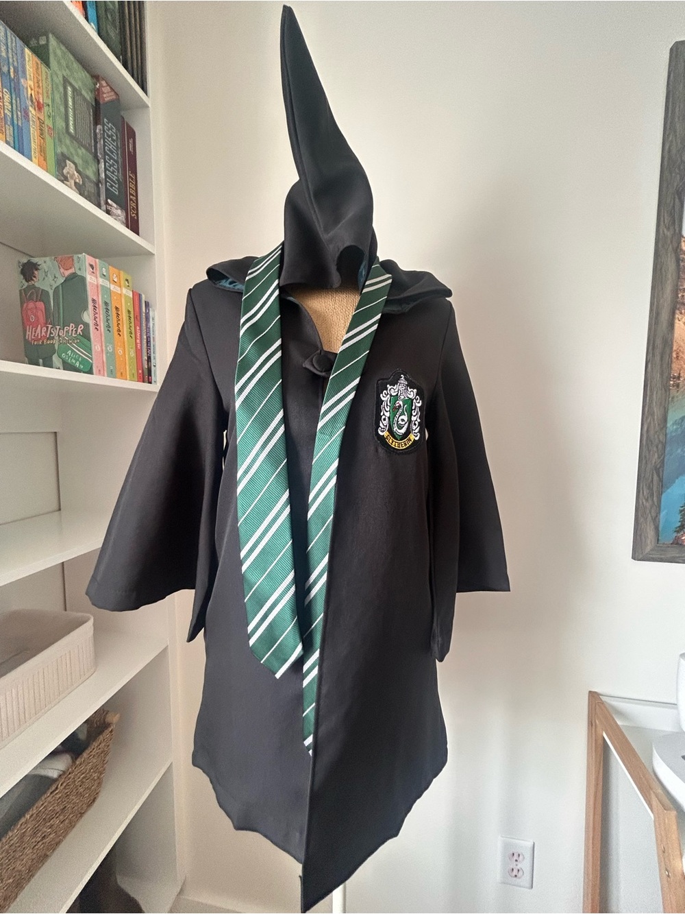 Kids Slytherin Black Costume Hooded Robe with the Slytherin tie.